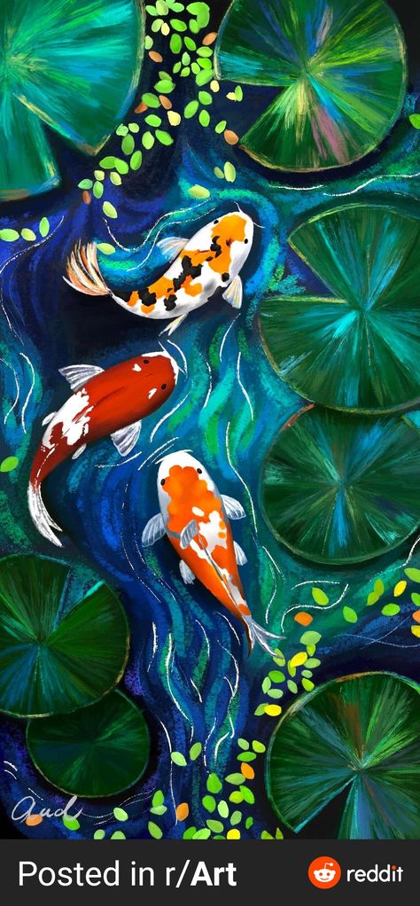 Gouche Painting Koi Fish, Koi Fish Underwater Painting, Koi Fish With Lilly Pads Painting, Koi Fish Painting Aesthetic, Koi Pond Art Simple, Coi Pond Drawing, How To Paint Coy Fish, Painted Coy Fish, Koi Carp Painting