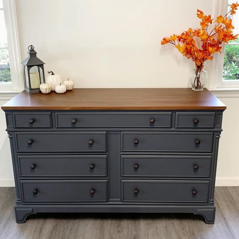 Grey Painted Dresser, Gray Dresser Makeover, Grey Painted Furniture, Stained Dresser, Brown Furniture Bedroom, Boy Dresser, Brown Dresser, Dark Grey Paint, Dresser Refinish