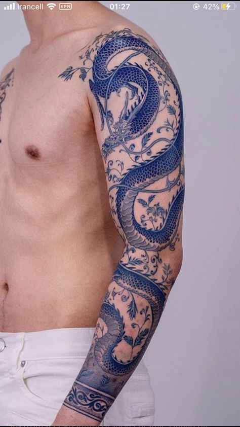 Blue Ink Tattoos, Godzilla Tattoo, Dragon Sleeve, Occult Tattoo, Torso Tattoos, Dragon Sleeve Tattoos, Theme Tattoo, Blue Tattoo, Arm Band Tattoo