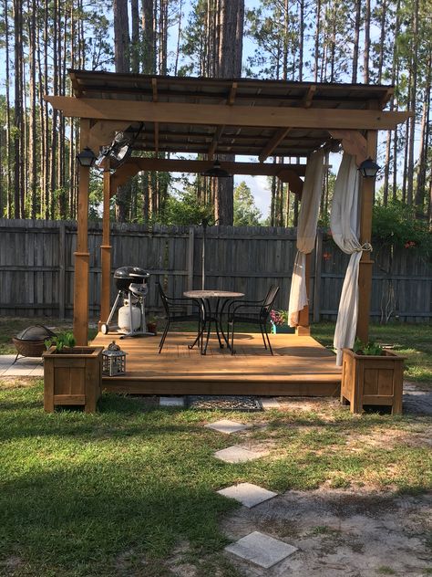 Outdoor gazebo with tin roof- built planters to match- Gazebo Diy Cheap, Tin Roof Gazebo, Outside Gazebo, Solar Panel, Gazebo Roof, Roofing Diy, Modern Roofing, Porch Roof, Outdoor Gazebos