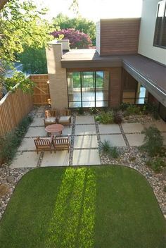 I like the large squares with smaller stones in between. Might be a good and cheaper way to update the side patio/bbq area this year instead of doing concrete or pavers. #PinMyDreamBackyard Small Patio Design, Patio Design Ideas, Pavers Backyard, Concrete Patios, Patio Pavers Design, Garden Floor, Patio Flooring, Modern Patio, Pergola Patio