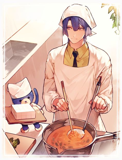 Kyaaa Kawaii Masato Hijirikawa Anime Chef Guy, Cooking Reference Pose, Cooking Poses Drawing, Cooking Pose Reference Drawing, Cook Anime, Manga Cooking, Pan Drawing, Hijirikawa Masato, Masato Hijirikawa