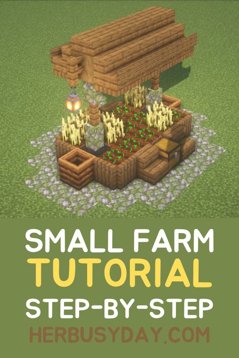 This step-by-step tutorial will guide you through building a small farm with a roof in Minecraft. For this farm, I planted wheat seeds and used spruce and mossy cobblestone for the most of the blocks. You will also need two chests, two composters, and two lanterns. Farming In Minecraft, Minecraft Bubble House, Cute Wheat Farm Minecraft, Summer Camp Minecraft, Minecraft Cow Farm Ideas Design, Minecraft Small Decor Ideas, Small Spruce Minecraft House, Starter Farm Minecraft, Minecraft Spruce Building Ideas