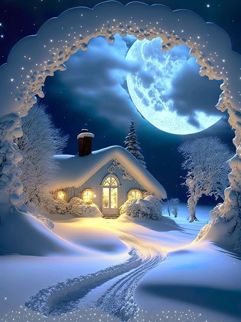 Good Night Winter Images, Christmas Screensaver, Snowy House, Beautiful Winter Pictures, Beautiful Night Images, Christmas Scenery, Christmas Phone Wallpaper, Beautiful Art Pictures, Winter Wallpaper