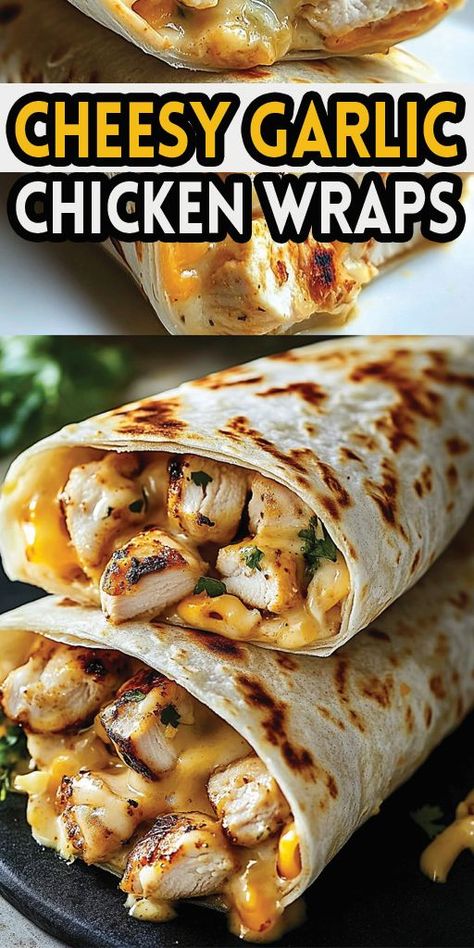 Ingredients: 2 large chicken breasts, diced 1 tbsp olive oil 2 tsp garlic powder 1 tsp onion powder 1 tsp paprika Salt and pepper, to taste 1 cup shredded cheddar cheese 1/2 cup shredded mozzarella cheese 4 large flour tortillas 1/2 cup creamy garlic sauce (store-bought or homemade) Fresh parsley, chopped (optional, for garnish) #Chicken #Wraps #Quickrecipe Cheesy Garlic Chicken, Big Sandwich, Chicken Protein, Great Chicken Recipes, Chicken Wrap Recipes, Creamy Garlic Sauce, Chicken Wrap, Shredded Chicken Recipes, Burritos Recipe