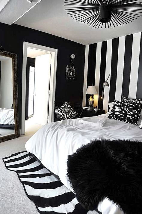 Discover classic sophistication with 50 elegant black and white bedroom designs, showcasing a blend of timeless charm and modern allure. Bed Black And White Aesthetic, Black And White Parisian Bedroom, Black And White Striped Wall Bedroom, Preppy Bed Spread Black And White, Black And White Bedroom Ideas, Black And Whiye Bed Covers, White Bedrooms, Black And White Bedroom, Black White Bedrooms