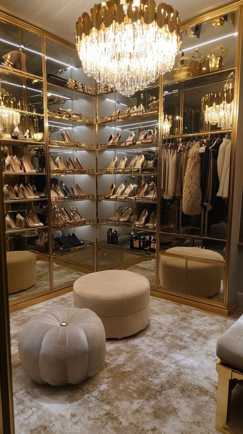 Explore Leo's stunning walk-in closet ✨ featuring mirrored walls, an elegant chandelier, and chic display shelves for shoes 👠. Unwind in the plush seating area surrounded by luxe gold accents 💛. A perfect blend of glamour and functionality! 🏆 #ClosetGoals Chandelier In Closet Walk In, Closet Goals Luxury, Closet Room Luxury, Luxe Closet, Lux Closet, Shelves For Shoes, Closet Chandelier, Elegant Closet, Mirrored Walls