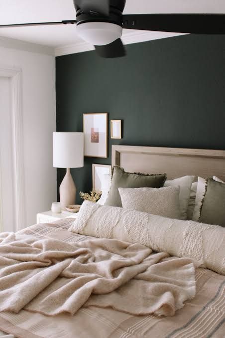 Modern Farmhouse Bedroom Olive Green, Neutral Bedding With Sage Green Accents, Brown And Green Bedding Aesthetic, Sage Green Black And Beige Bedroom, Khaki And Cream Bedroom, Neutral And Green Decor, Olive And Oatmeal Bedroom, Dark Green Beige Bedroom, Dark Green And Neutral Bedroom