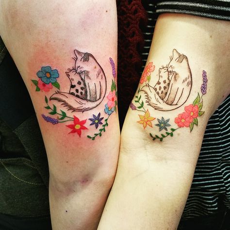 Mother daughter small cat and kitten tattoos Mom Cat And Kitten Tattoo, Cat Mother Daughter Tattoos, Cat And Kitten Tattoo, Simple Mother Daughter Tattoos, Small Rib Tattoos, Kitten Tattoo, Kitty Tattoos, Maori Tattoos, Tattoo Time