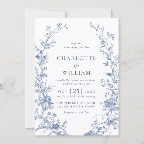 Garden Engagement Party, Blue Floral Wedding, Wedding Announcement Cards, Floral Wreath Wedding, Wreath Wedding Invitations, Blue French, Flower Wedding Invitation, Photo Wedding Invitations, Blue Wedding Invitations