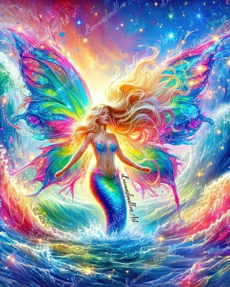 Butterfly Mermaid, Fantasy Mermaids, Rainbow Mermaid, Unicorn Pictures, Beautiful Butterflies Art, Mermaid Fairy, Fantasy Wall Art, Mermaid Pictures, Fairy Pictures