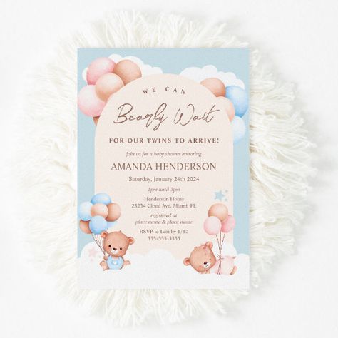 Baby Shower Teddy Bear Balloon Boy Invitation Twin Boy And Girl Baby Shower, Baby Shower Teddy Bear, Teddy Bear Balloon, Baby Shower Oso, Teddy Bear Baby Shower Invitations, Bear Balloon, Twins Baby Shower Invitations, Teddy Bear Theme, Bear Invitations