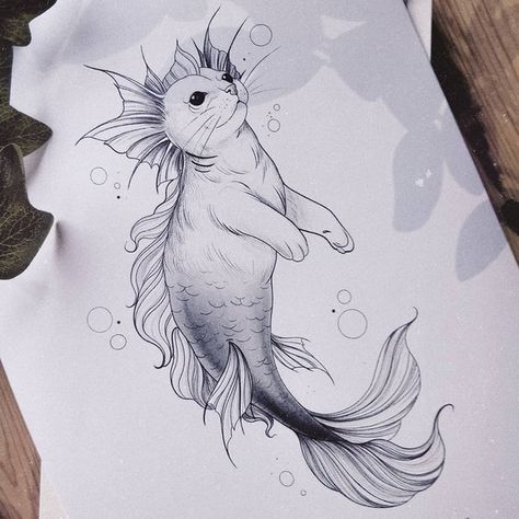 Kawaii Animal Tattoo, Mermaid Cat, Mermaid Drawings, Spine Tattoos, Art Tattoos, Animal Sketches, Tattoo Design Drawings, Creative Tattoos, Tattoo Inspo