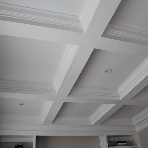 The coffered ceiling was the most time consuming part of the project. The beams are drywall with crown in the center. Home Office Remodel, Coffer Ceiling, Coffered Ceiling Design, Box Ceiling, Molding Ceiling, Office Remodel, Ceiling Design Bedroom, Built In Cabinets, Painted Ceiling