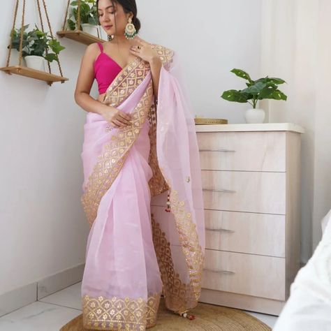 RVSG - PINK LATKAN SINGLES AVAILABLE Fabric : Organza Work : GOTTA PATTI WORK Blouse will be come in satin banglori fabric Pink in all sarees Pink Saree Look, Saree Engagement, Light Pink Saree, Baby Pink Saree, Engagement Saree, Trendy Outfits Indian, Baby Pink Color, Gotta Patti, Organza Silk Saree