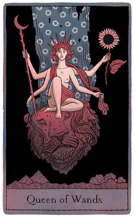 Queen of Wands. Tarot. Illustration: Lucas Varela Queen Of Wands Aesthetic, Queen Of Wands Tattoo, Tarot Queen Of Wands, Queen Of Wands Tarot Card, Queen Of Wands Tarot, The Queen Of Wands, Tarot Wands, Tarot Illustration, Queen Of Wands