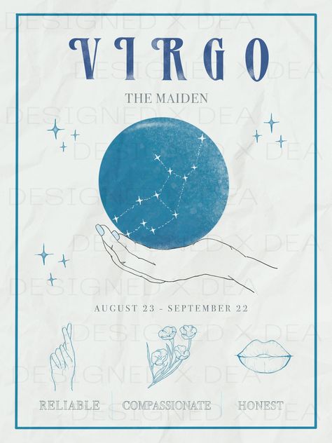 Your zodiac sign brings out the best in you - and now, it can bring out the best of your home. This vintage-vibe Virgo poster comes in 4 different sizes and printed on premium matte paper for a high-quality finish. It's fun to hang as is, or frame for an added touch of sophistication. Keep it for your own home or give it as a gift to a fellow Virgo! Virgo Poster, Virgo Szn, Virgo Star Sign, Zodiac Sign Virgo, Horoscope Art, Virgo Art, Zodiac Poster, Summer Room, Virgo Zodiac Sign