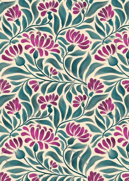 Elegant stylized peony pattern featuring fuchsia pink flower blooms and soft teal leaves on a cream beige background. Hand painted with digital watercolor & inspired by maximalist art nouveau style. Illustration & design by Miss Belle Peony Pattern, Maximalist Art, Art Nouveau Pattern, Wedding Moodboard, Leaves Illustration, Watercolor Peonies, Rose Party, Design Textile, Art Nouveau Style