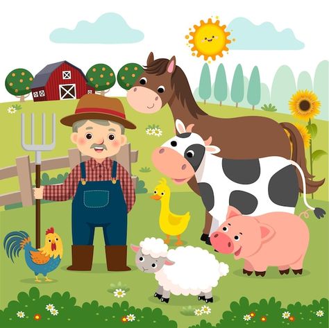 Cartoon of old farmer and farm animals o... | Premium Vector #Freepik #vector #farm-animals #farmer-cartoon #farm-fence #farm-cartoon Farm Classroom Theme Decor, Pepper Illustration, Animals In Action, Farm Cartoon, Old Farmer, Farm Pictures, Barn Animals, Happy Farm, Kids Background