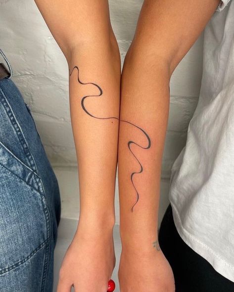 Mad Rabbit (@madrabbit) • Instagram photos and videos Line Swirl Tattoo, Connecting Matching Tattoos, Shared Tattoo Ideas, Swirly Line Tattoo, Couples Connecting Tattoos, Line Matching Tattoo, Swirly Tattoo Designs, Shared Tattoos, Swirls Tattoo