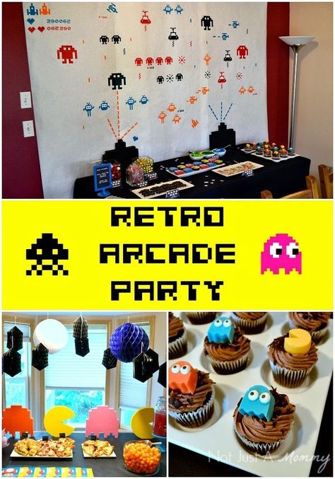 Fiesta Friday/Real Party - Classic Arcade Game Truck Party - Revel and Glitter Arcade Themed Birthday Party, Retro Video Game Party, Wine Cheese Party, Arcade Birthday Parties, Pac Man Party, Arcade Party, Game Truck Party, Retro Birthday Parties, 80s Birthday Parties