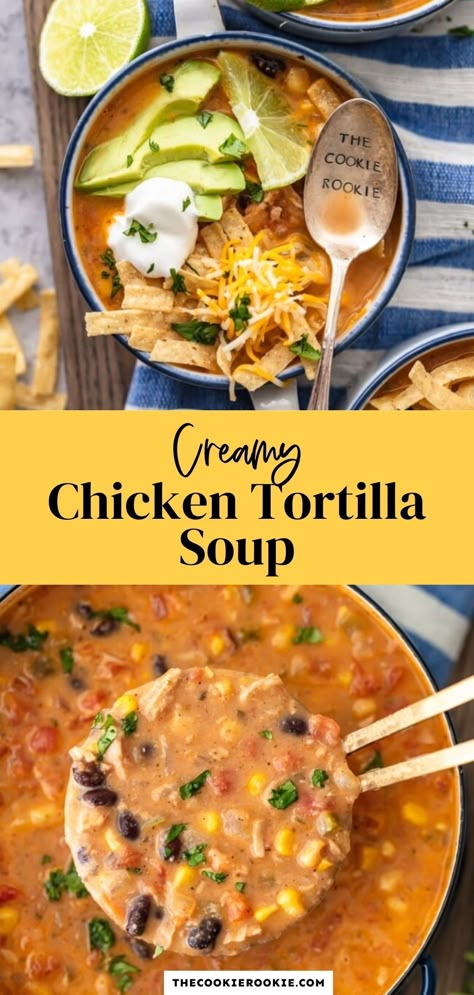 Tortilla Soup Easy, Chicken Tortilla Soup Crock Pot, Creamy Chicken Tortilla Soup, Instapot Meals, Chicken Tortilla Soup Recipe, Chicken Tortilla Soup Easy, Soup Crockpot, Hispanic Recipes, Mexican Night