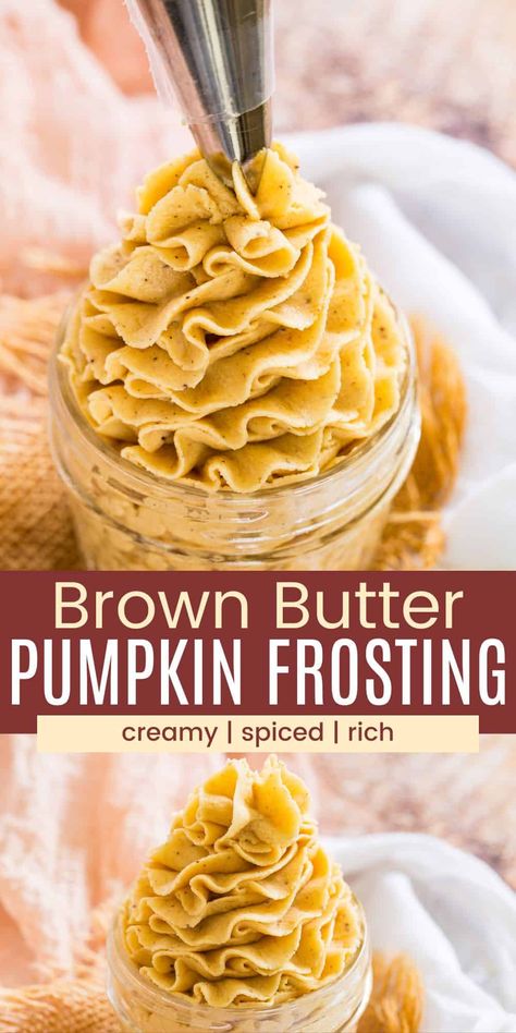 Gorgeously fluffy Pumpkin Frosting is flecked with pumpkin pie spice and features deep nutty, caramelized notes from a special ingredient that makes it better than your basic buttercream - brown butter. Add this luscious pumpkin frosting to chocolate cake, cookies, and more! Pumpkin Pie Frosting, Pumpkin Frosting Recipe, Pumpkin Buttercream Frosting, Pumpkin Frosting, Diy Frosting, Homemade Frosting Recipes, Pumpkin Buttercream, Spiced Buttercream, Gluten Free Sugar Cookies