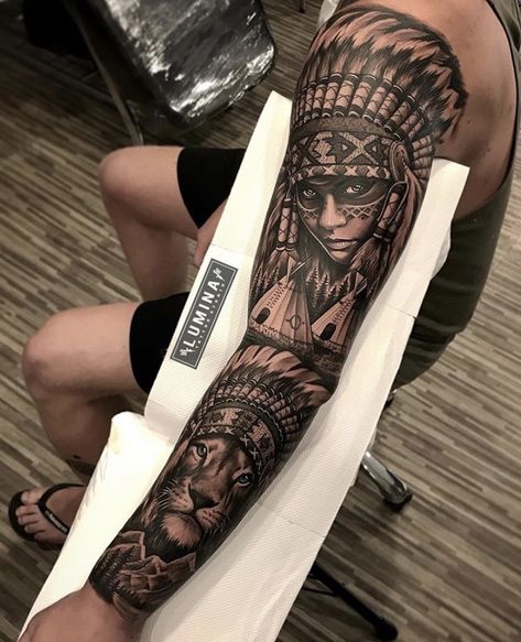 Indian Girl Tattoos, Aztec Tattoos Sleeve, Headdress Tattoo, Tato Flash, Native American Tattoo, Lion Tattoo Sleeves, Full Leg Tattoos, Aztec Tattoo Designs, Native American Tattoos