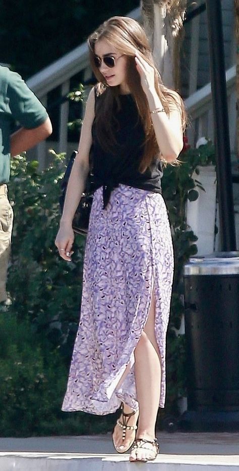 Lily Collins Casual, Lily Jane Collins, Lily Collins Style, Wednesday Dress, Uk Style, Lily James, Phil Collins, Purple Skirt, Casual Day Outfits