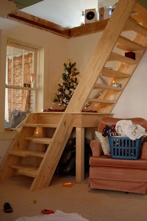 Bungalow Barn Update: Loft Stairs | The Lettered Cottage Stairs For Small Spaces, Loft Stairs Ideas, Ceiling Makeover, Loft Staircase, Tiny House Stairs, Attic Ladder, Angled Ceilings, Loft Stairs, Small Attic