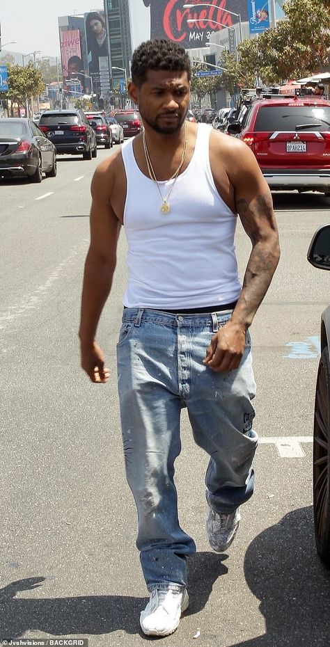 Usher plays it cool in a white tank top while on a shopping trip in West Hollywood | Daily Mail Online White Beater Outfit Men, 2000 Hip Hop, Undershirt Outfit, White Tank Top Outfit, Vegas Residency, Usher Raymond, Stage Presence, Tank Top Outfits, The Music Industry