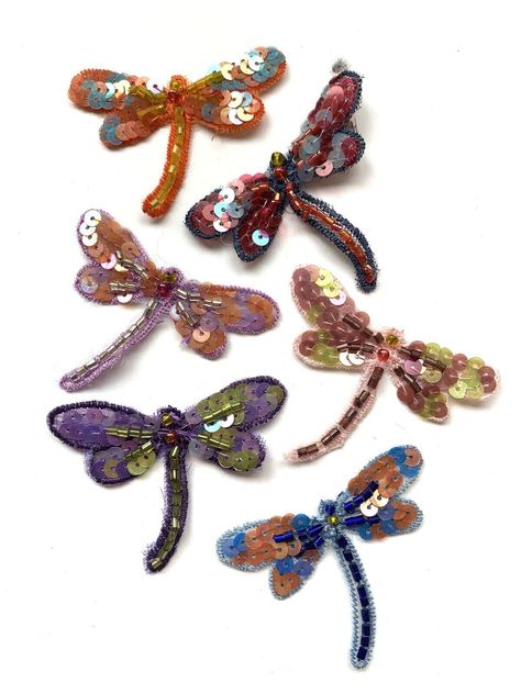 6 dragonfly appliqué sequins beads crafting sewing. Dragonfly Sewing Pattern, Sew On Sequins, Insect Applique, Dragonfly Applique, Dragonfly Beaded, Dragonfly Embroidery, Sequin Patches Applique, Sequin Crafts, Beaded Dragonfly