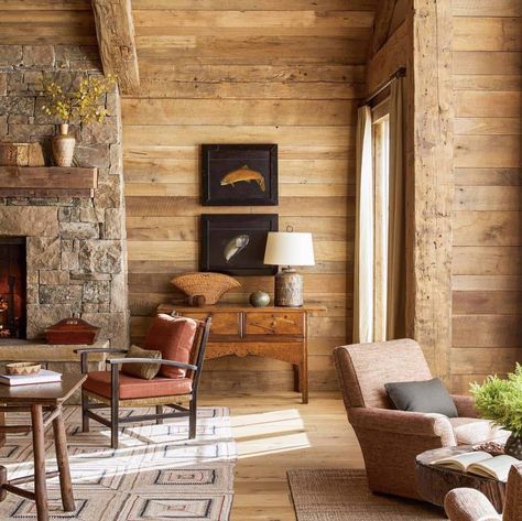 This Montana ranch house gets a cozy update with peaceful river views Montana Ranch House, Rustic Ranch House, Modern Lodge, Montana Ranch, Cabin Chic, Cabin Living Room, Wood Plank Walls, River Cabin, Cabin Interiors