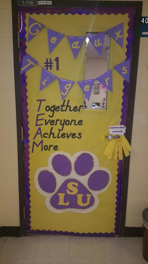 LSU theme classroom door- I decorated my door for our Math Fball Game day.. LSU Tigers! I loved the #1 TEAM idea. Classroom Door College Theme, Spirit Week Door Decorations, Cheer Dorm Door Decorations, College Theme Classroom, Cheer Camp Door Decorations Ideas, School Spirit Door Decorations, Homecoming Door Decorations, Hoco Decor, School Spirit Ideas Pep Rally