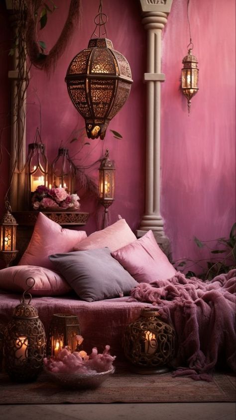 Romantic Pink Bedroom, Black And Red Bedroom, Magenta Room, Pink Goth Room, Red Bedroom Ideas, Bedroom Ideas For Teens, Exotic Bedrooms, Moroccan Bedroom, Red Bedroom