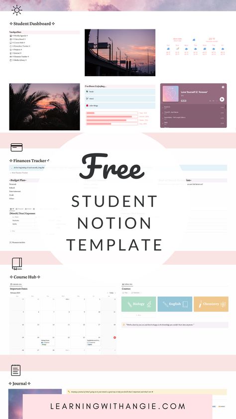 Free Aesthetic Notion Template, Study Planner Free, Aesthetic Notion Template, Student Dashboard, Homework Planner, Life Planner Organization, Aesthetic Notion, Budget Tracking, School Template