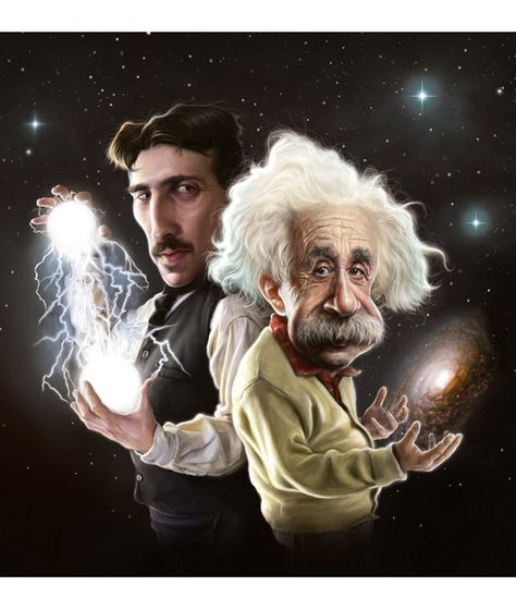 "Tesla & Einstein"  Book cover, "They Called Me Mad" Einstein Meme, Nicola Tesla, Nicolas Tesla, Caricature Artist, Celebrity Caricatures, Physicists, Nikola Tesla, Friedrich Nietzsche, Maya Angelou