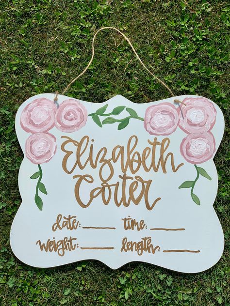 Girl Nursery Name Sign, Hospital Door Hanger Girl, Door Hanger Baby, Welcome Baby Signs, Hospital Door Hanger, Birth Stats Sign, Hospital Door Hangers, Baby Door Hangers, Sorority Merchandise