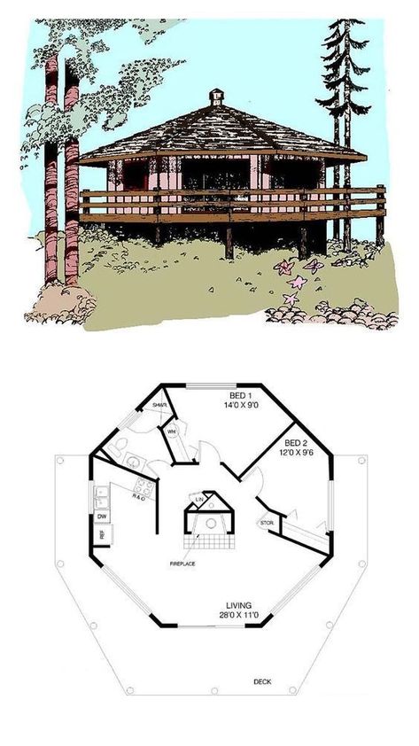 Octagon House Plans, Symmetrical House Plans, Bush House, Round House Plans, Yurt Home, Octagon House, Small Cabins, Cool House, Sims Houses