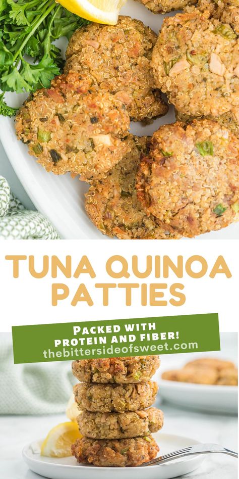 Tuna quinoa patties are a healthy and satisfying meal, packed with protein & fiber. Fried to golden perfection easy for a weeknight meal! Quinoa Tuna Patties, Quinoa Protein Patties, Seafood Quinoa Recipes, Tuna And Quinoa Recipes, Tuna Patties Healthy, Tuna Quinoa, Quinoa Patties, Sweet Potato Patties, Shrimp And Quinoa