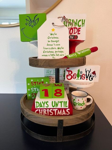 Grinch Tiered Tray Decor, Grinch Wood Crafts, Grinch Kitchen Decor, Grinch Tiered Tray, Days Until Christmas Countdown, Grinch Sign, Grinch Decor, Grinch Stuff, Mini Mugs