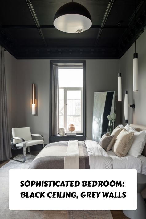 Sophisticated bedroom with black ceiling, grey walls, modern lighting, and a large window. Charcoal Gray Bedroom Walls, Bedroom Black Ceiling, Black Ceiling Bedroom, Charcoal Grey Bedrooms, Kitchen Flooring Trends, Designing A Bedroom, Kitchen Tile Inspiration, Ensuite Bathroom Designs, Modern Bedroom Colors