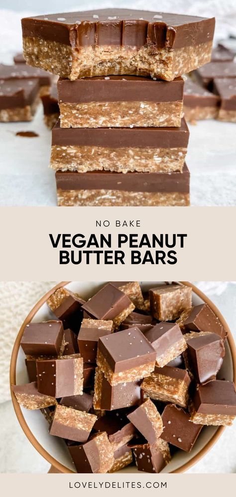 Vegan Peanut Butter Bars taste just like a peanut butter cup, but better! They only require 4 simple ingredients and are the best vegan no bake dessert! These peanut butter bars have chocolate on top and caramely bottoms. As written, this is a vegan and gluten free chocolate dessert. Peanut Butter Cups Vegan, Vegan Carrot Dessert, Vegan Peanut Butter Desserts, Raw Vegan Baking, Vegan Chocolate Peanut Butter Bars, Wfpb Dessert Recipes, Vegan Date Dessert, Vegan Slice And Bake Cookies, Vegan Nut Free Desserts