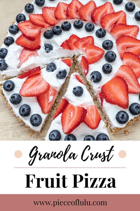 red, white, and blue fruit pizza Healthy Fruit Pizza Crust, 4th Of July Fruit Pizza, Gluten Free Fruit Pizza, Fruit Pizza Topping, Granola Crust, 4th Of July Fruit, Chocolate Covered Strawberry Cheesecake, Low Sodium Snacks, Healthy Fruit Pizza