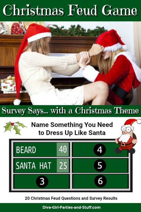 Internet survey results and instructions for a game of Christmas feud. This Christmas Family Feud game is perfect for everything from office parties to family gatherings. Christmas Family Fued, Christmas Family Feud, Fun Christmas Party Ideas, Family Feud Game, Xmas Games, Adult Christmas Party, Fun Christmas Party Games, Christmas Games For Kids, Fun Christmas Games