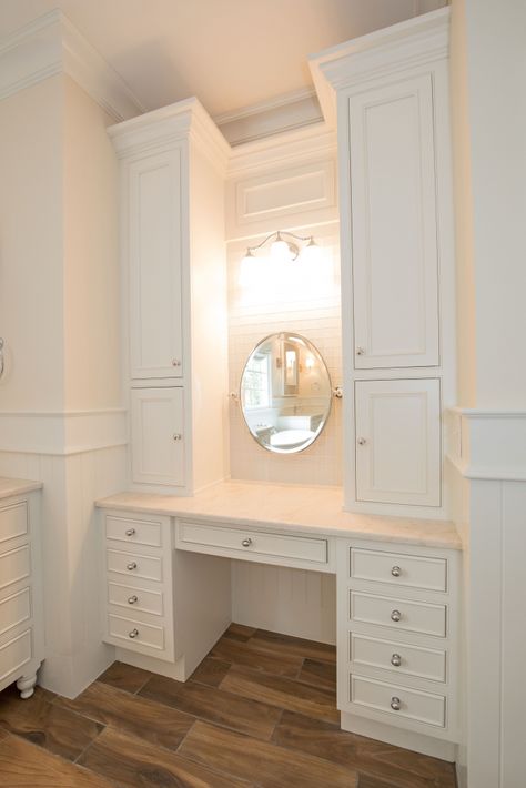 Makeup Counter In Bathroom, Built In Vanity Ideas, Built In Makeup Vanity In Bathroom, Bathroom Makeup Vanity Ideas, Closet With Vanity, Built In Makeup Vanity, Makeup Closet, Makeup Vanity In Bathroom, Master Vanity