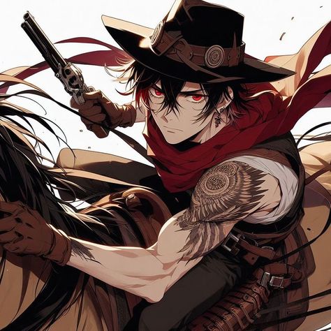 Anime Gunslinger, Cowboy Character Design Male, Western Gunslinger Art, Cowboy Character Design, Cowboy Character, Male Character Design, Bandana Design, Male Character, Character Profile