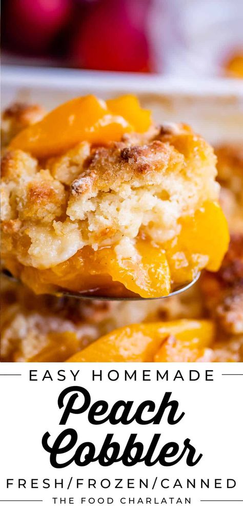 Homemade Peach Cobbler Recipe (Fresh, Canned, or Frozen!) from The Food Charlatan. There is just nothing better than fresh homemade Peach Cobbler in the summer! Or make it any time of year with canned or frozen peaches. This easy recipe features juicy peaches with a sweet buttery cake like topping, but even better because it gets nice and crispy on top! You can even try it with apricots. Perfect with vanilla ice cream. This recipe comes together super fast and is easy enough for kids to make ... Easy Homemade Peach Cobbler, Homemade Peach Cobbler Recipe, Canned Peach Cobbler Recipe, Homemade Peach Cobbler, Cobbler Recipes Easy, Easy Peach Cobbler Recipe, Cobbler Easy, Frozen Peaches, Hp Sauce