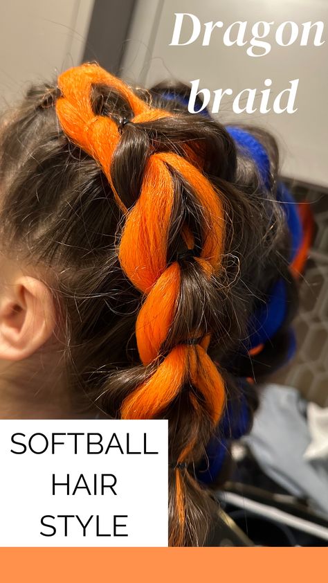 Softball hair style, Dragon braid with orange and blue hair Braiding Box Braids, Color Braiding Hair, Softball Braids, Fake Hair Braids, Dragon Braid, Jumbo Knotless, Color Extensions, Softball Hairstyles, Colored Bubbles