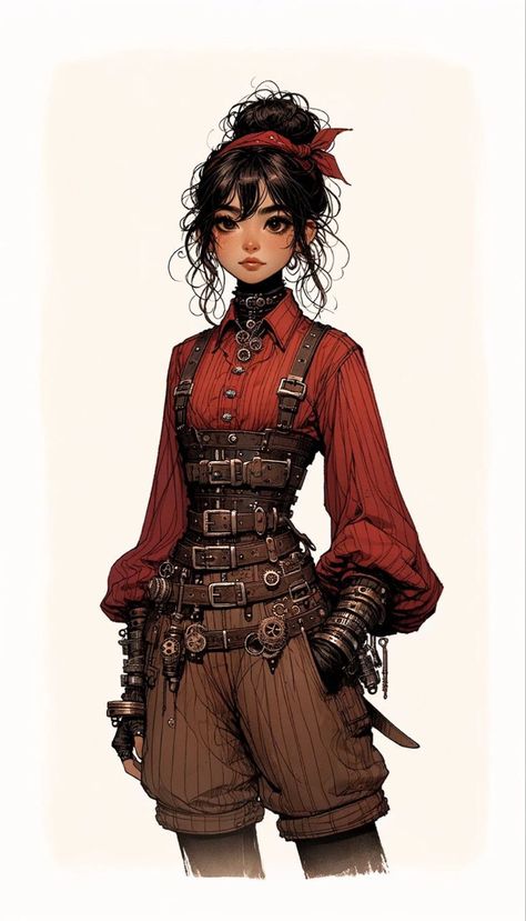 Steampunk Outfits Women Pants, Steampunk Outfit Concept Art, Art Nouveau Steampunk, Fantasy Steampunk Clothes, Steampunk Fashion Drawing, Diesel Punk Character Design, Steampunk Fashion Drawings, Steam Punk Outfits Women, Steampunk Drawing Characters